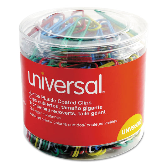 Universal Plastic-Coated Paper Clips with One-Compartment Dispenser Tub, Jumbo, Assorted Colors, 250/Pack (95000)