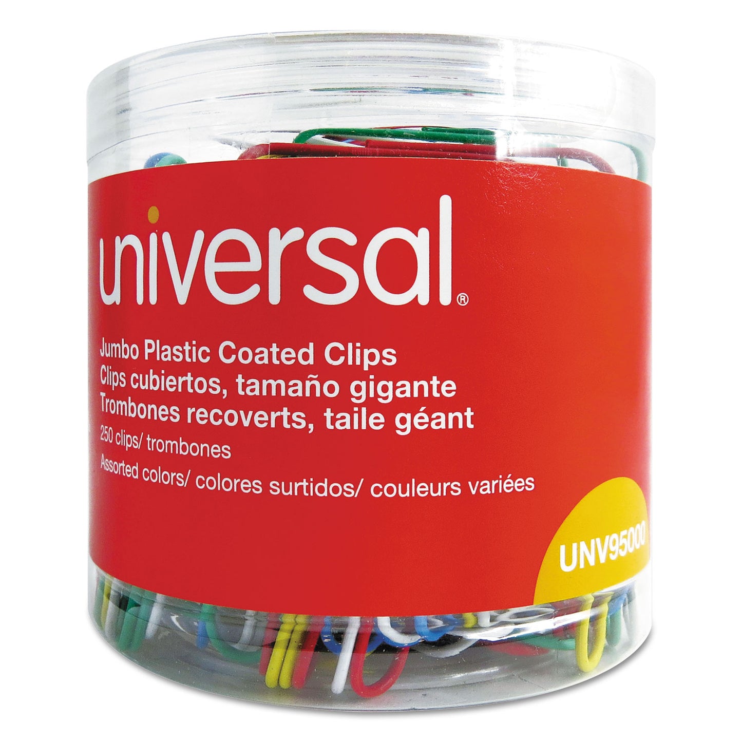 Universal Plastic-Coated Paper Clips with One-Compartment Dispenser Tub, Jumbo, Assorted Colors, 250/Pack (95000)