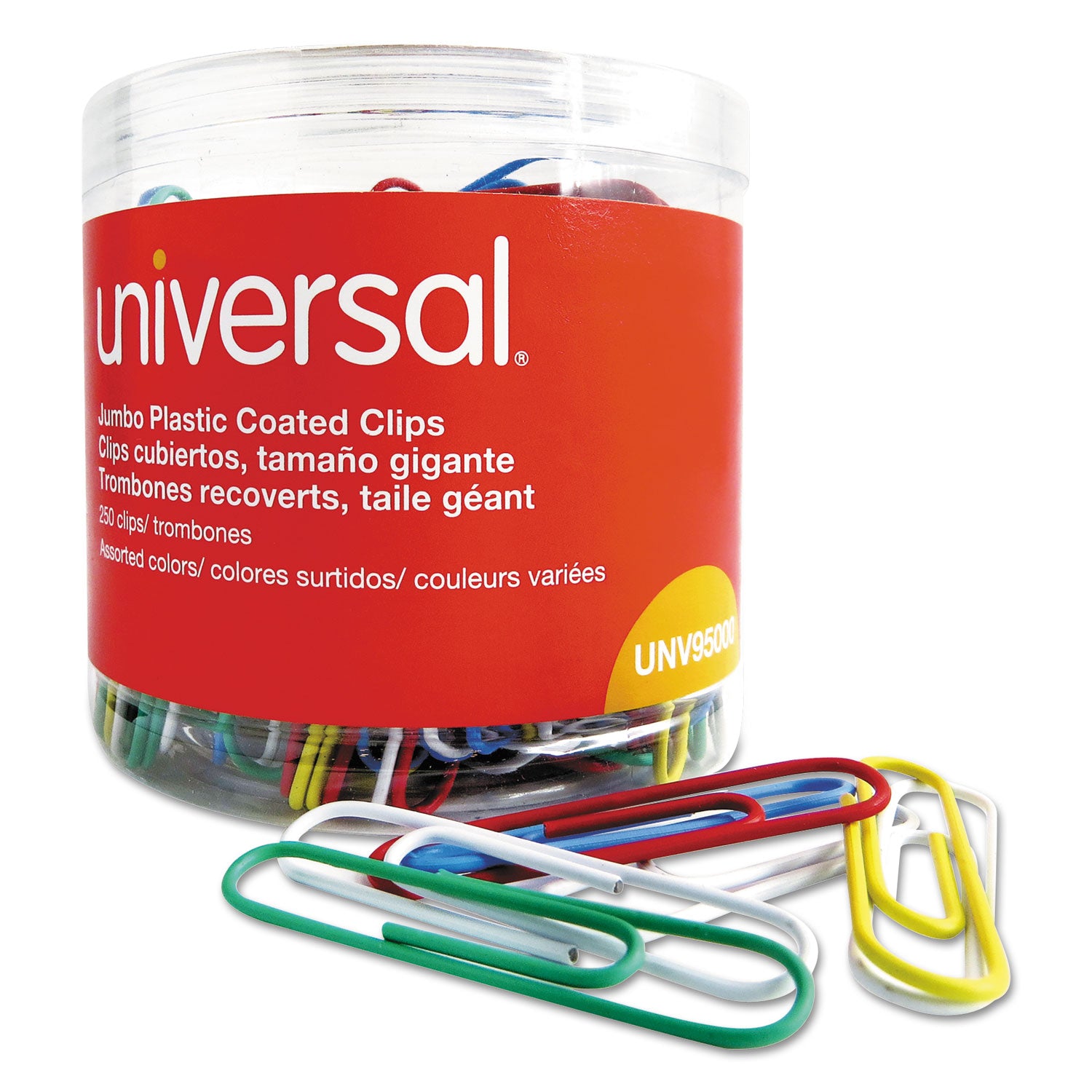 Universal Plastic-Coated Paper Clips with One-Compartment Dispenser Tub, Jumbo, Assorted Colors, 250/Pack (95000)