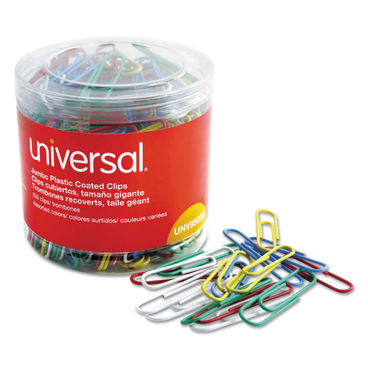 Universal Plastic-Coated Paper Clips with One-Compartment Dispenser Tub, Jumbo, Assorted Colors, 250/Pack (95000)