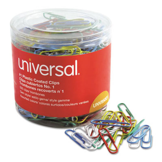 Plastic-Coated Paper Clips with One-Compartment Dispenser Tub, #1, Assorted Colors, 500/Pack