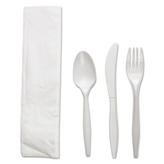 Boardwalk Four-Piece Cutlery Kit, Fork/Knife/Napkin/Teaspoon, White, Polypropylene, 250/Carton (FKTNMWPPWH)