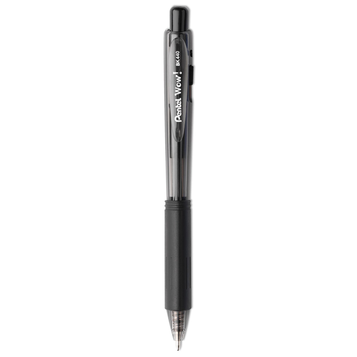 Pentel WOW! Ballpoint Pen, Retractable, Medium 1 mm, Black Ink, Smoke/Black Barrel, Dozen (BK440A)