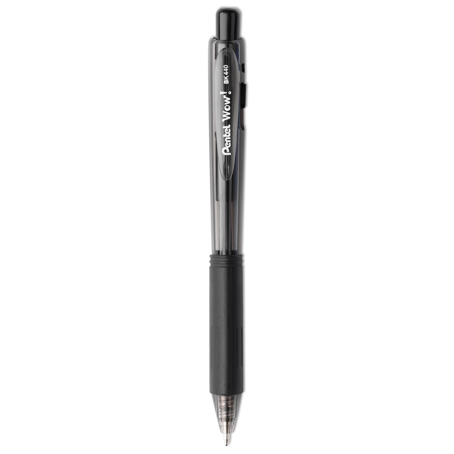 Pentel WOW! Ballpoint Pen, Retractable, Medium 1 mm, Black Ink, Smoke/Black Barrel, Dozen (BK440A)