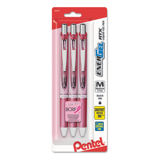 Pentel EnerGel RTX Gel Pen, Retractable, Medium 0.7 mm, Black Ink, Pink/Silver Barrel, 3/Pack (BL77PBP3ABC)