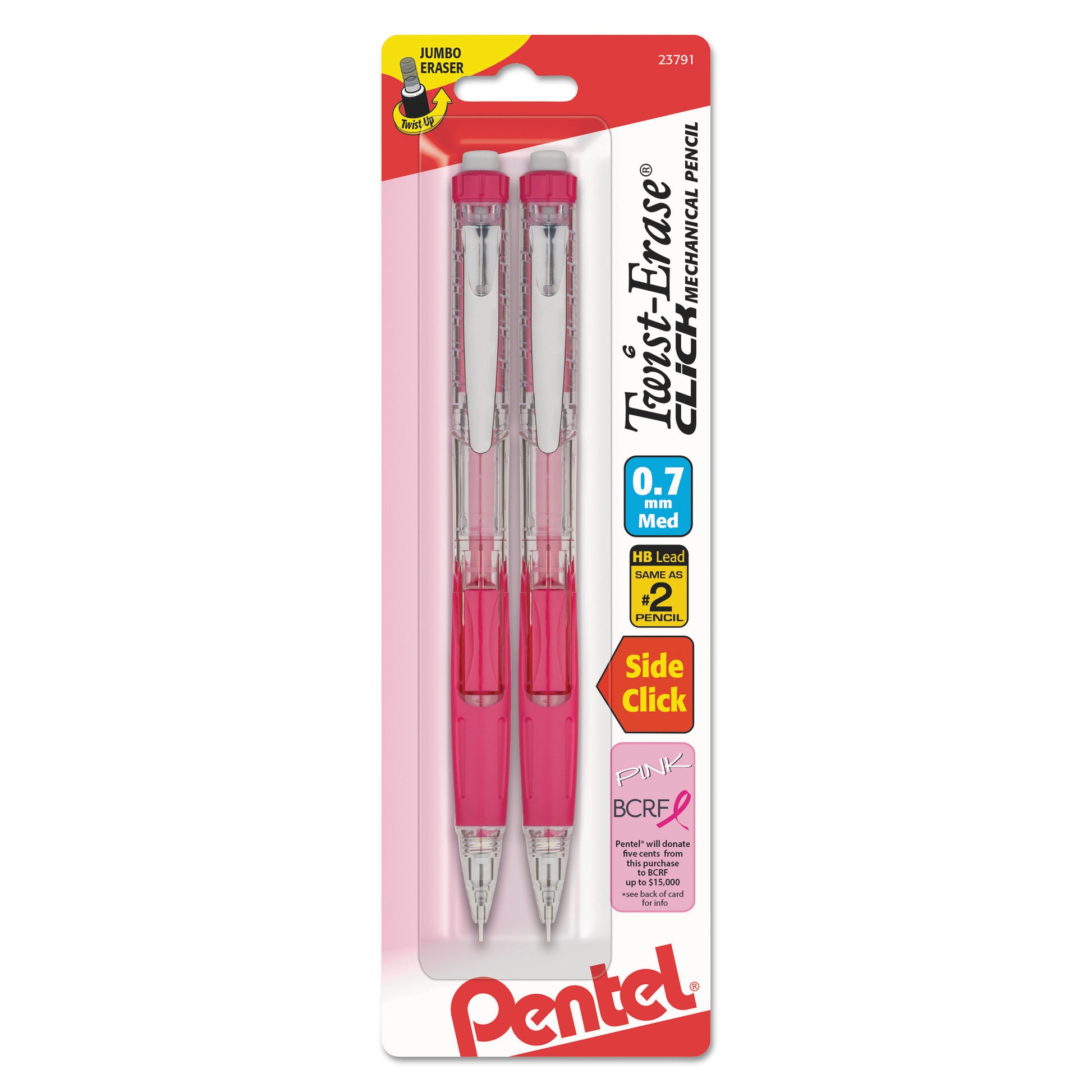 Pentel Twist-Erase CLICK Mechanical Pencil, 0.7 mm, HB (#2), Black Lead, Pink Barrel, 2/Pack (PD277TBP2PBC)