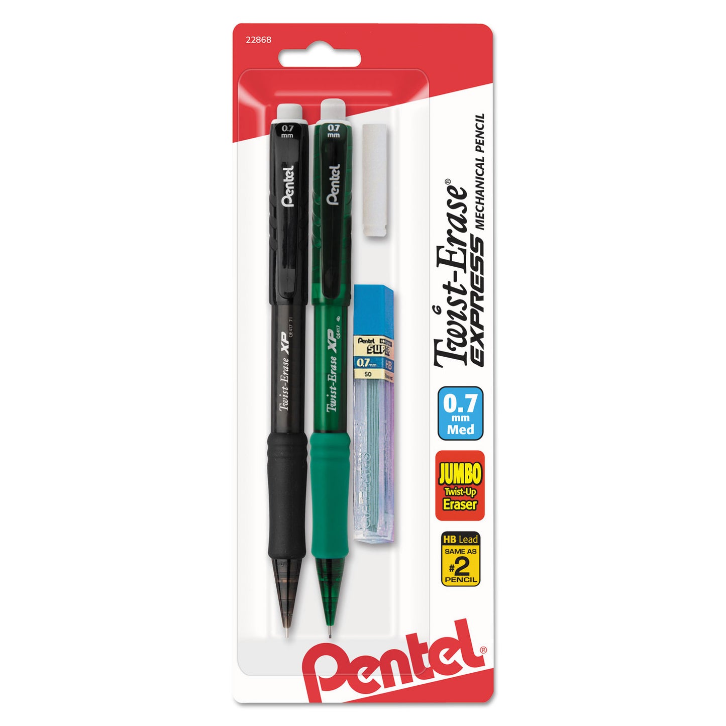 Pentel Twist-Erase EXPRESS Mechanical Pencils with Tube of Lead/Eraser, 0.7 mm, HB (#2), Black Lead, Assorted Barrel Colors, 2/Pack (QE417LEBP2)