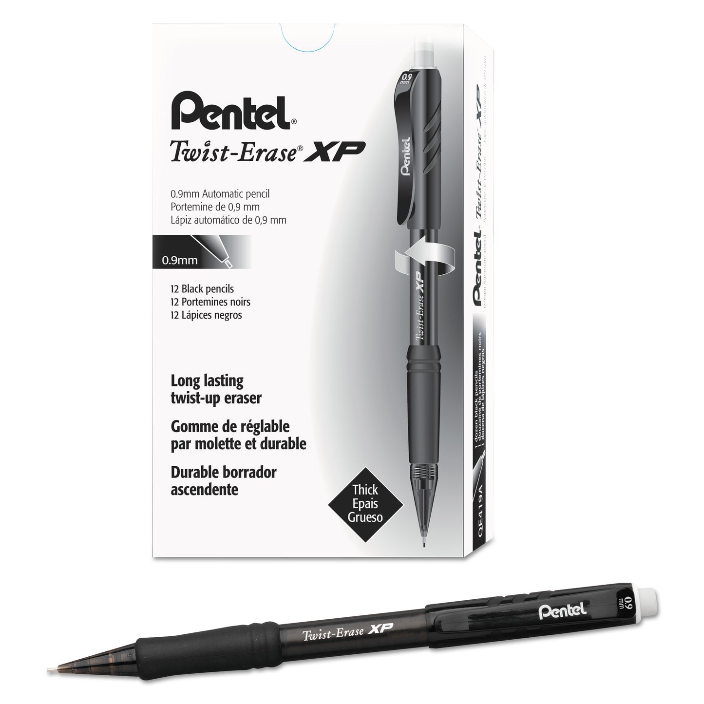 Pentel Twist-Erase EXPRESS Mechanical Pencil, 0.9 mm, HB (#2), Black Lead, Black Barrel, Dozen (QE419A)