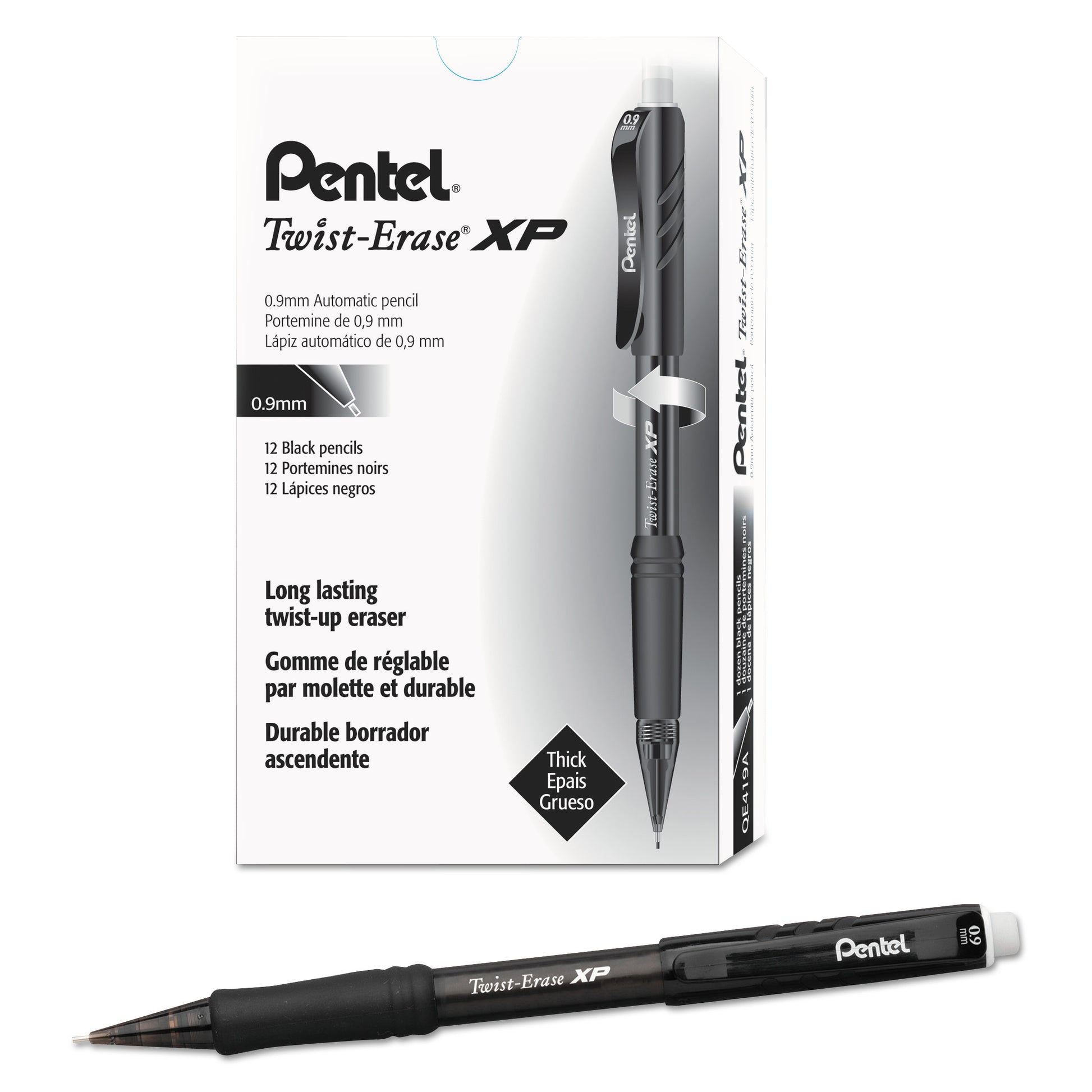 Pentel Twist-Erase EXPRESS Mechanical Pencil, 0.9 mm, HB (#2), Black Lead, Black Barrel, Dozen (QE419A)
