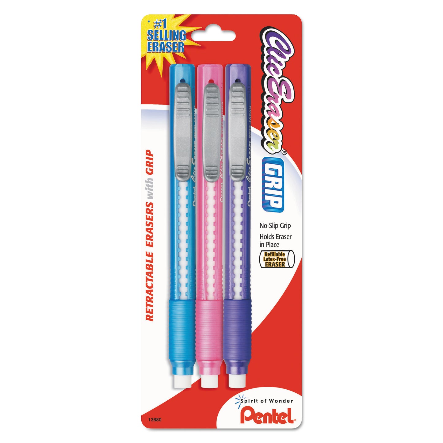 Pentel Clic Eraser Grip Eraser, For Pencil Marks, White Eraser, Randomly Assorted Barrel Colors (Three-Colors), 3/Pack (ZE21TBP3M)