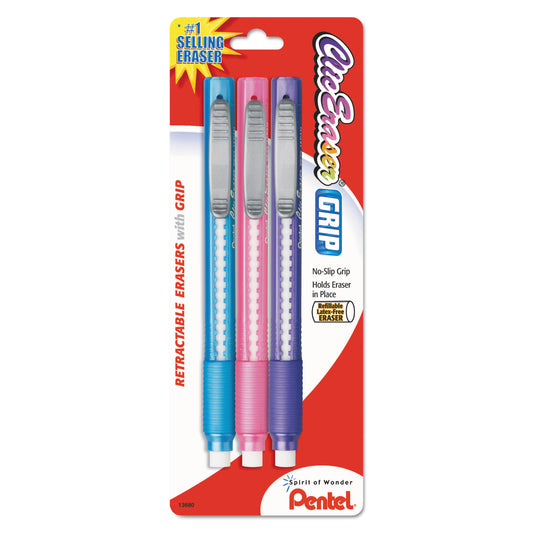 Pentel Clic Eraser Grip Eraser, For Pencil Marks, White Eraser, Randomly Assorted Barrel Colors (Three-Colors), 3/Pack (ZE21TBP3M)