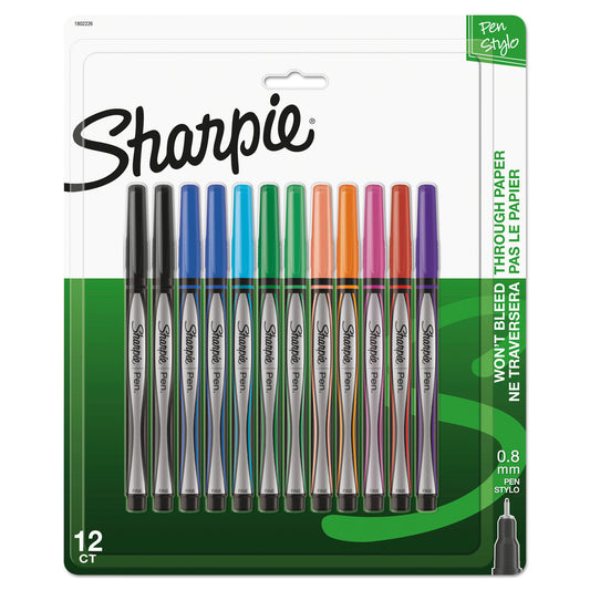 Sharpie Water-Resistant Ink Porous Point Pen, Stick, Fine 0.4 mm, Assorted Ink and Barrel Colors, Dozen (1802226)