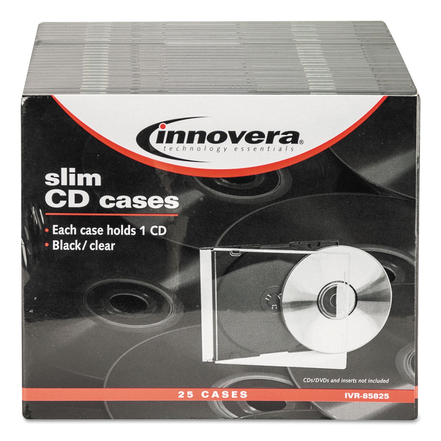 Innovera CD/DVD Slim Jewel Cases, Clear/Black, 25/Pack (85825)