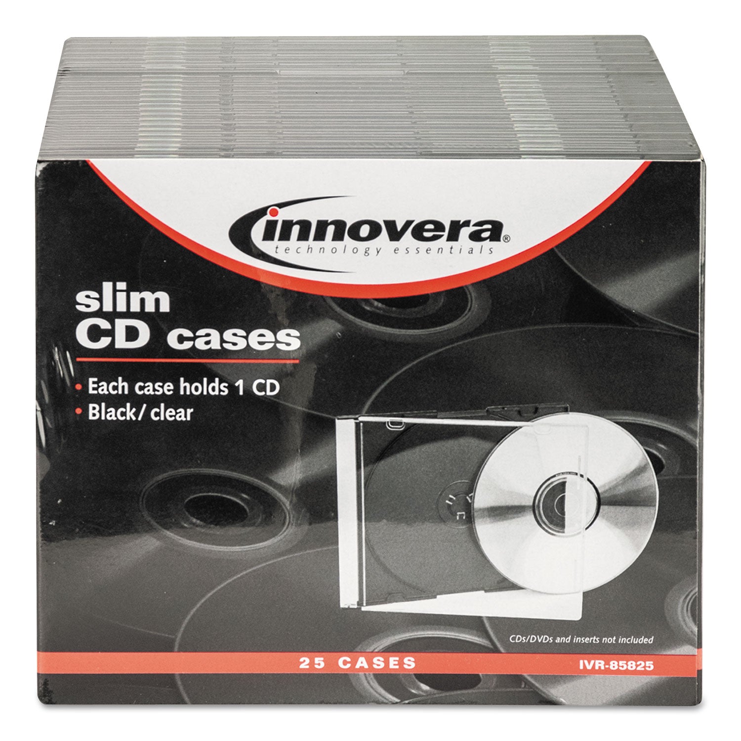 Innovera CD/DVD Slim Jewel Cases, Clear/Black, 25/Pack (85825)