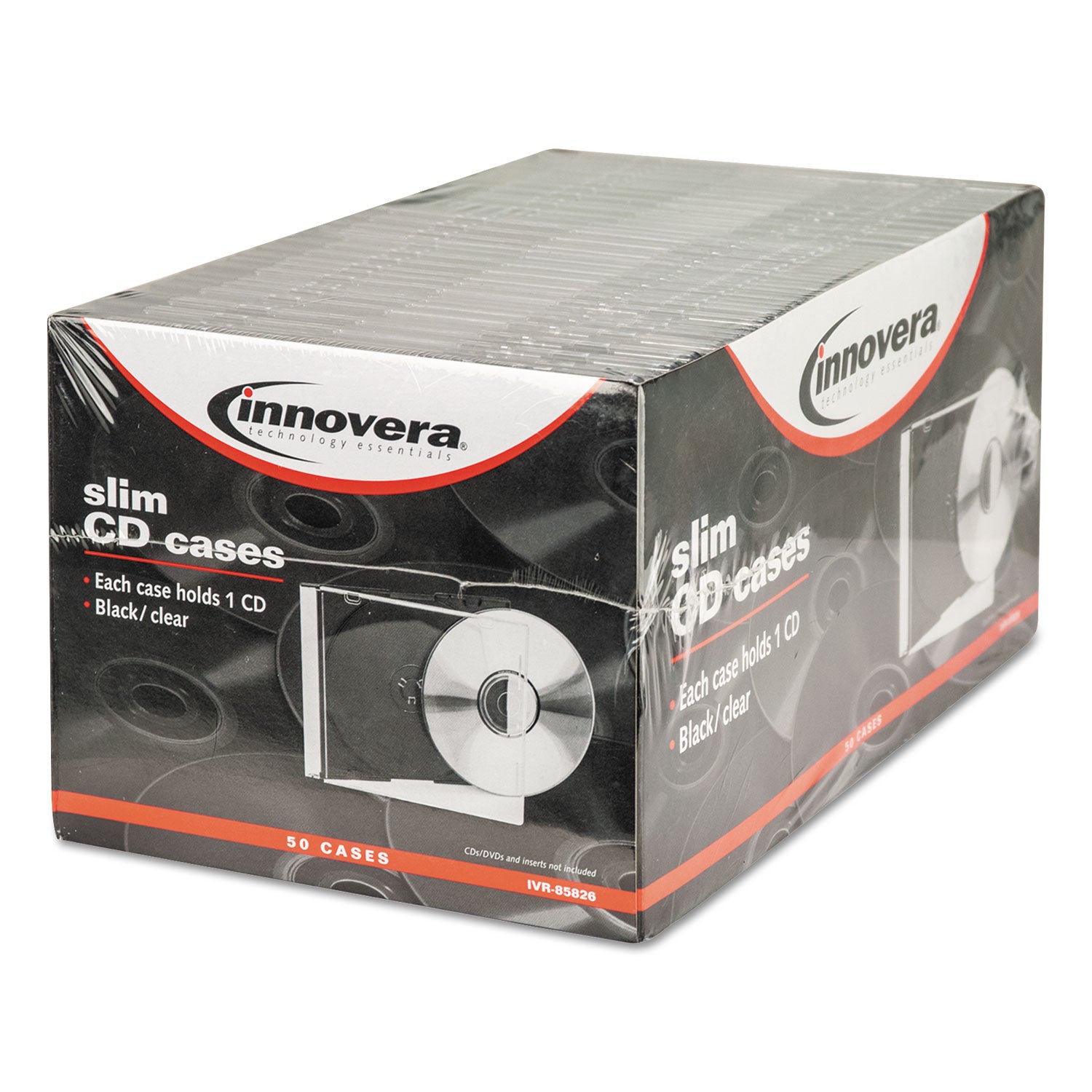 Innovera CD/DVD Slim Jewel Cases, Clear/Black, 50/Pack (85826)
