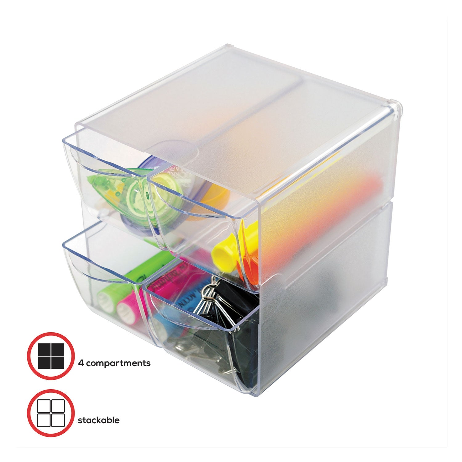 Deflecto Stackable Cube Organizer, 4 Compartments, 4 Drawers, Plastic, 6 x 7.2 x 6, Clear (350301)