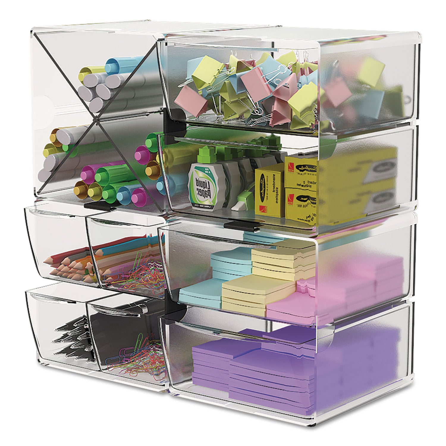 Deflecto Stackable Cube Organizer, 4 Compartments, 4 Drawers, Plastic, 6 x 7.2 x 6, Clear (350301)