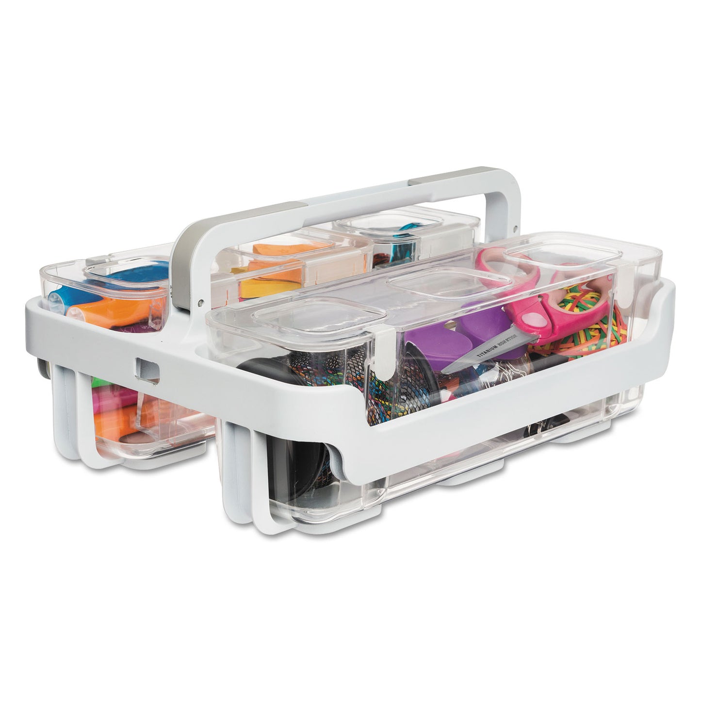 Deflecto Stackable Caddy Organizer with S, M and L Containers, Plastic, 10.5 x 14 x 6.5, White Caddy/Clear Containers (29003)