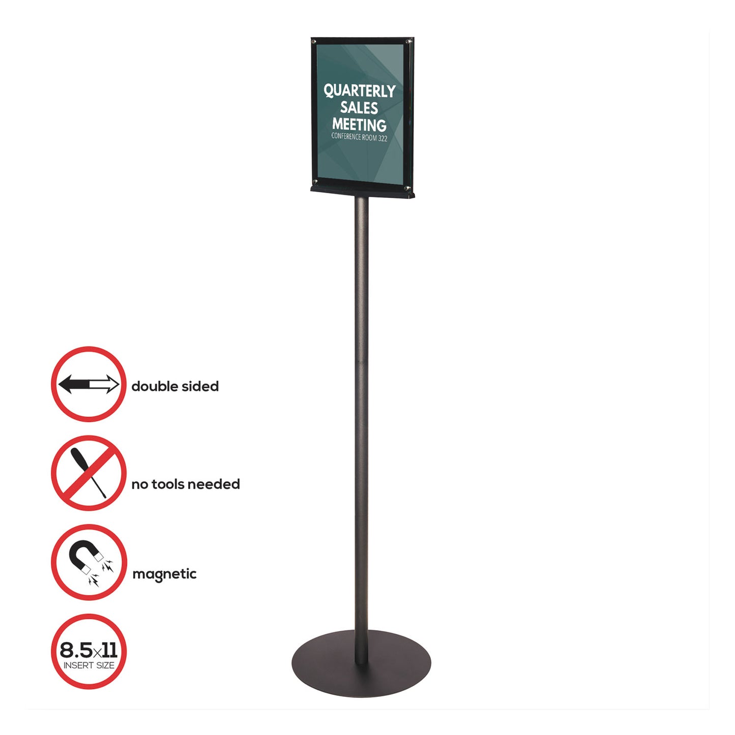 Deflecto Double-Sided Magnetic Sign Display, 8.5 x 11 Insert, 56" Tall, Clear/Black (692056)