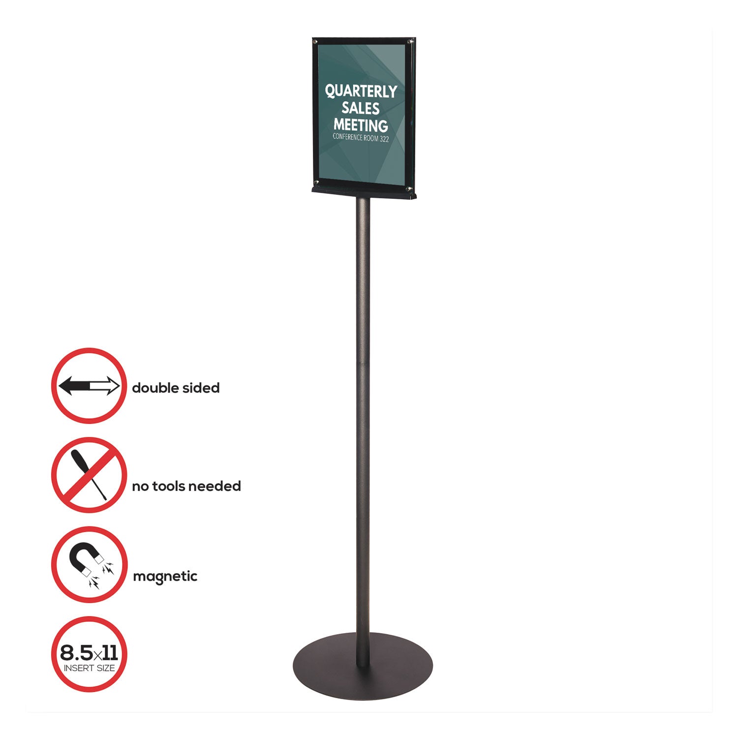 Deflecto Double-Sided Magnetic Sign Display, 8.5 x 11 Insert, 56" Tall, Clear/Black (692056)