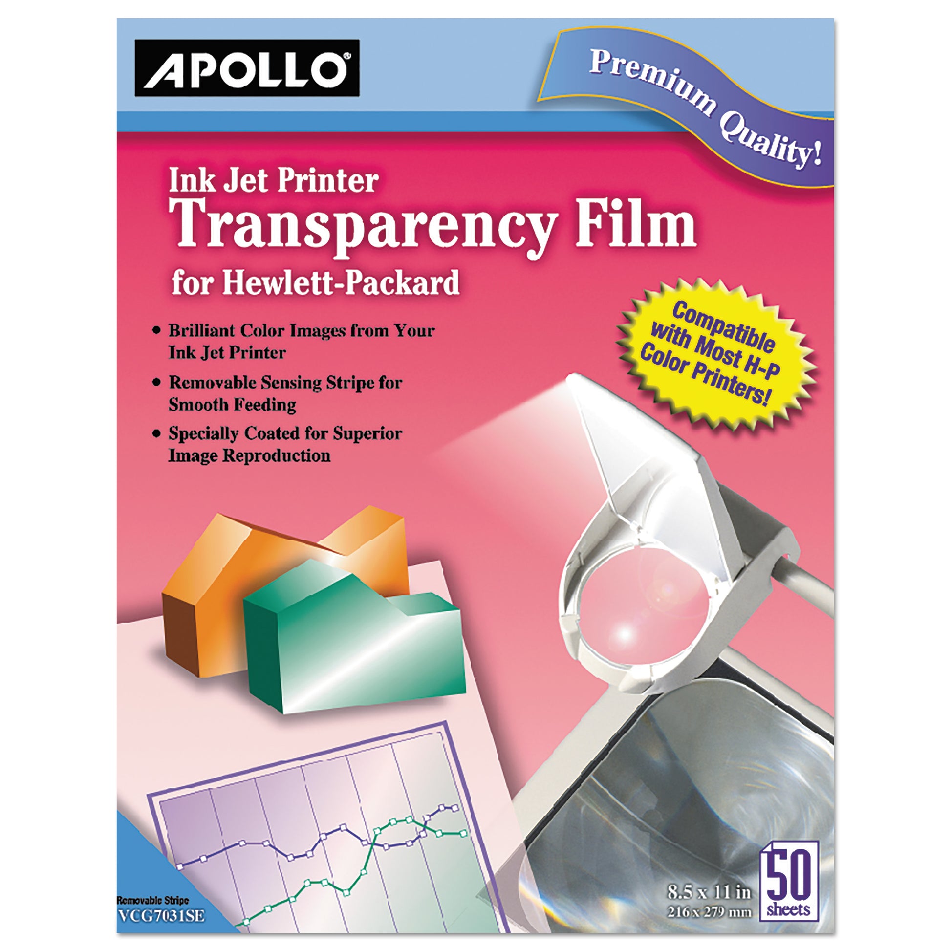 Apollo Quick-Dry Color Inkjet Transparency Film with Handling Strip, 8.5 x 11, 50/Box (CG7031S)