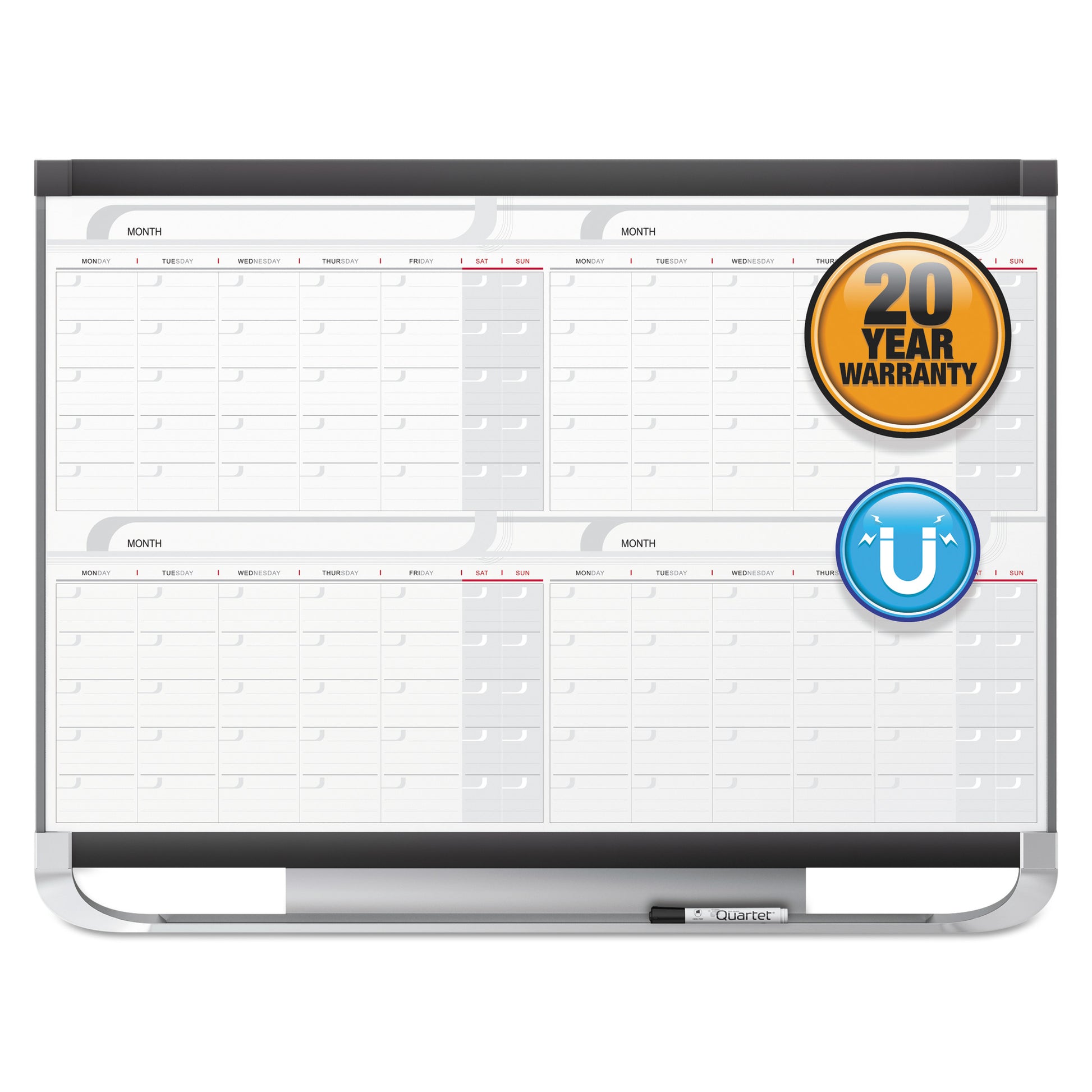 Quartet Prestige 2 Magnetic Total Erase Four-Month Calendar, 36 x 24, White Surface, Graphite Fiberboard/Plastic Frame (4MCP23P2)