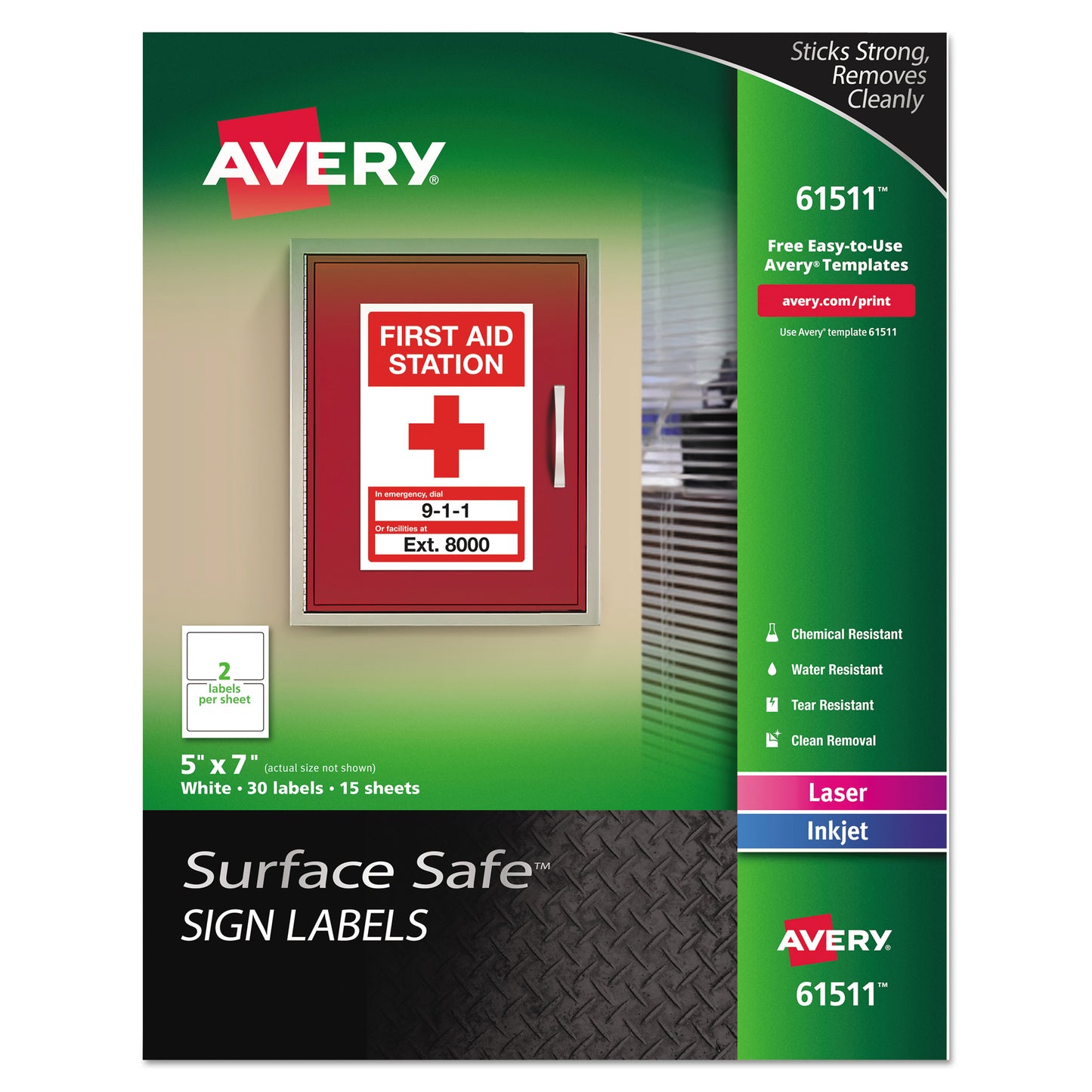 Avery Surface Safe Removable Label Safety Signs, Inkjet/Laser Printers, 5 x 7, White, 2/Sheet, 15 Sheets/Pack (61511)