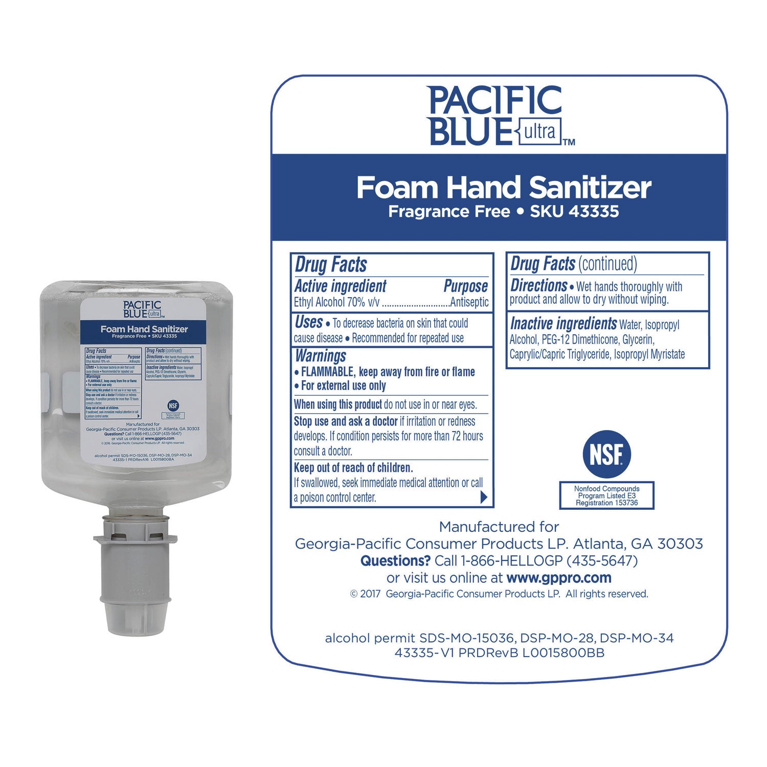 Georgia Pacific Professional Pacific Blue Ultra Foam Hand Sanitizer Refill For Manual Dispensers, 1,000 mL, Fragrance-Free, 4/Carton (43335)