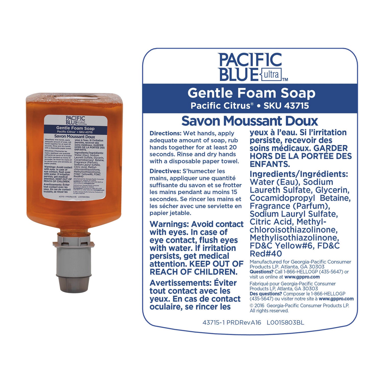 Georgia Pacific Professional Pacific Blue Ultra Foam Soap Manual Dispenser Refill, Pacific Citrus Scent, 1,200 mL, 4/Carton (43715)