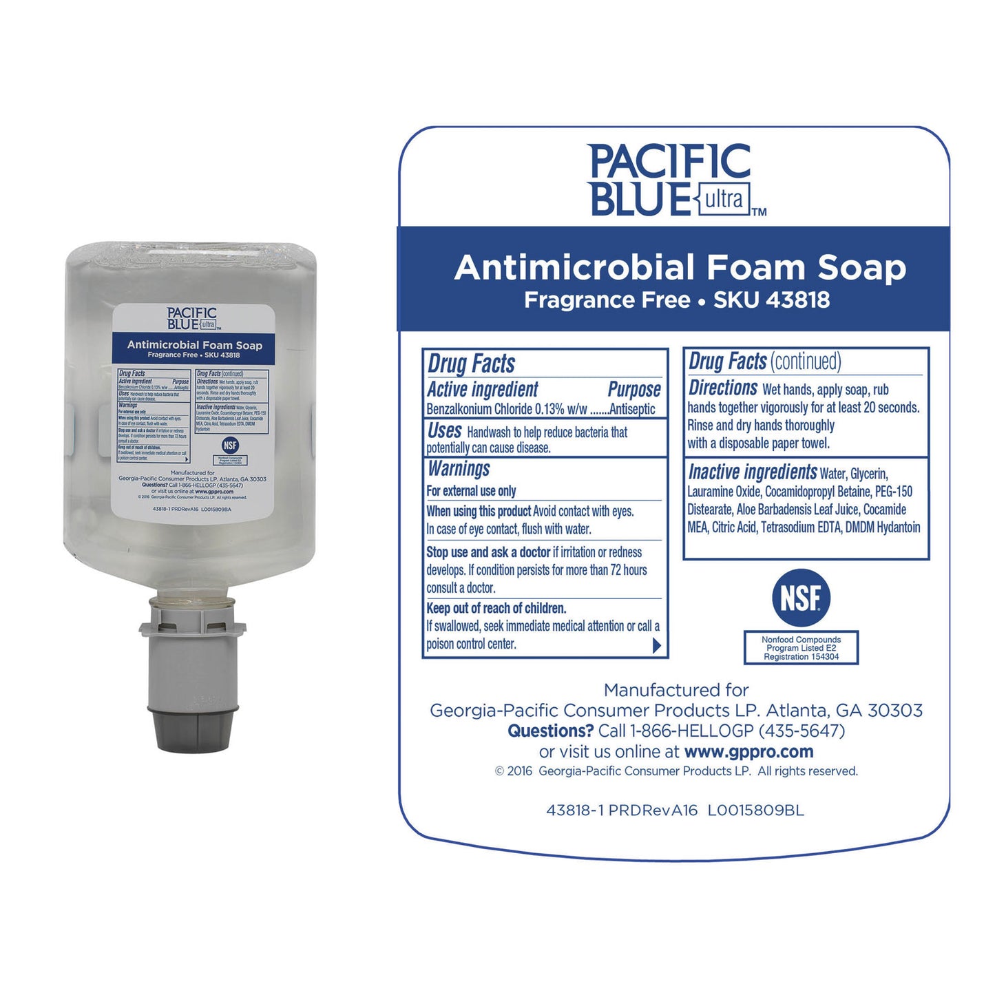 Georgia Pacific Professional Pacific Blue Ultra Foam Soap Manual Dispenser Refill, Antimicrobial, Unscented, 1,200 mL, 4/Carton (43818)