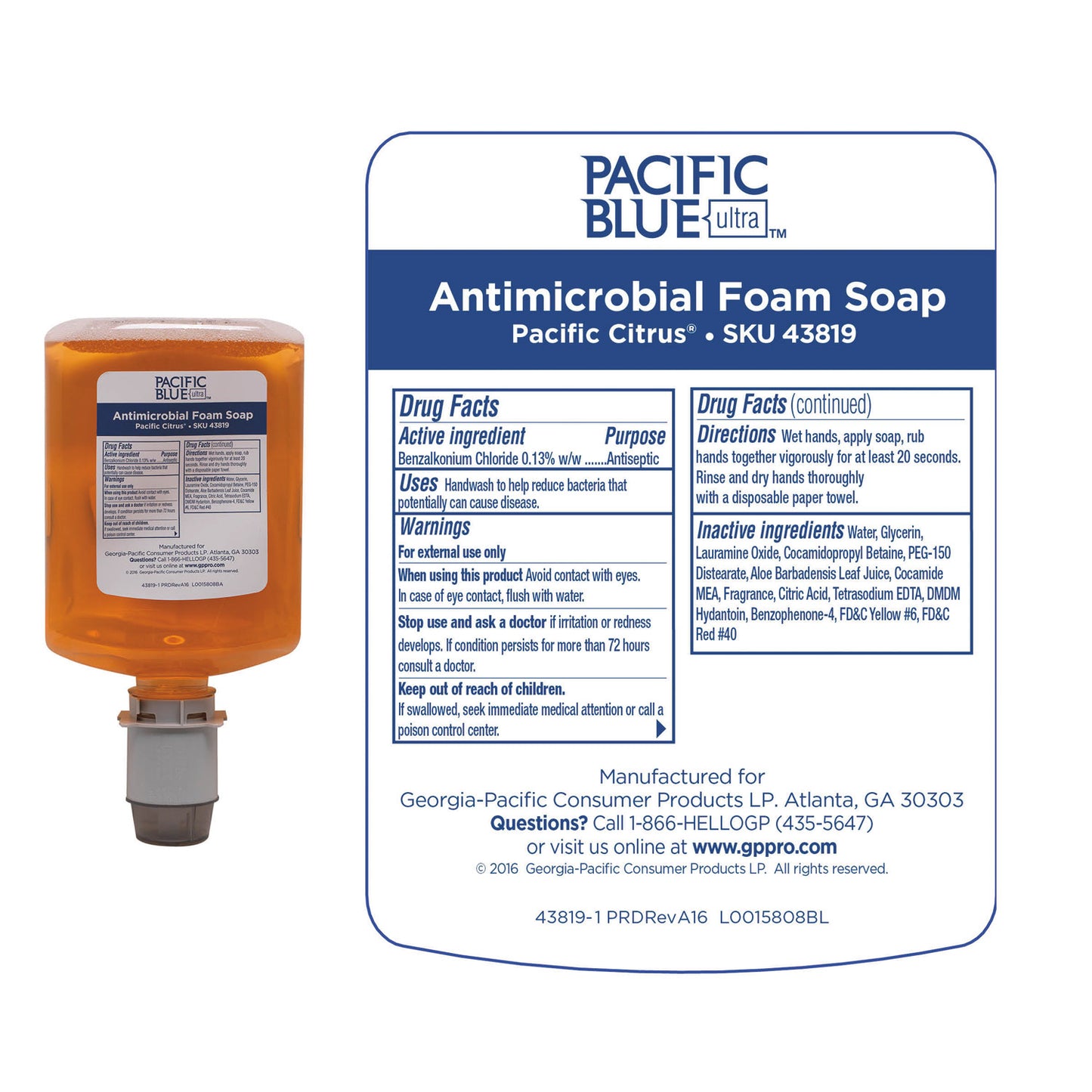 Georgia Pacific Professional Pacific Blue Ultra Foam Soap Manual Dispenser Refill, Antimicrobial, Pacific Citrus Scent, 1,200 mL, 4/Carton (43819)