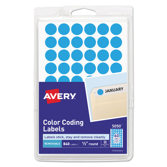 Avery Handwrite Only Self-Adhesive Removable Round Color-Coding Labels, 0.5" dia, Light Blue, 60/Sheet, 14 Sheets/Pack, (5050) (05050)