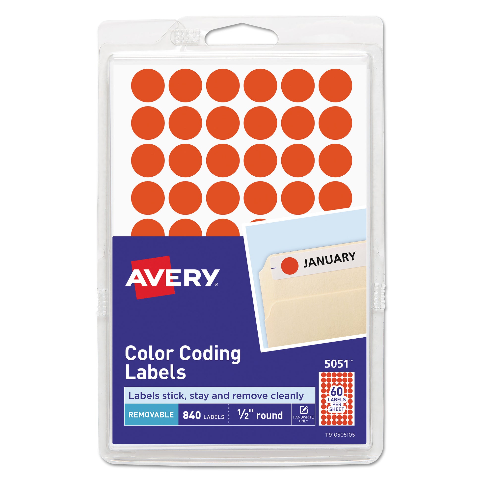 Avery Handwrite Only Self-Adhesive Removable Round Color-Coding Labels, 0.5" dia, Neon Red, 60/Sheet, 14 Sheets/Pack, (5051) (05051)