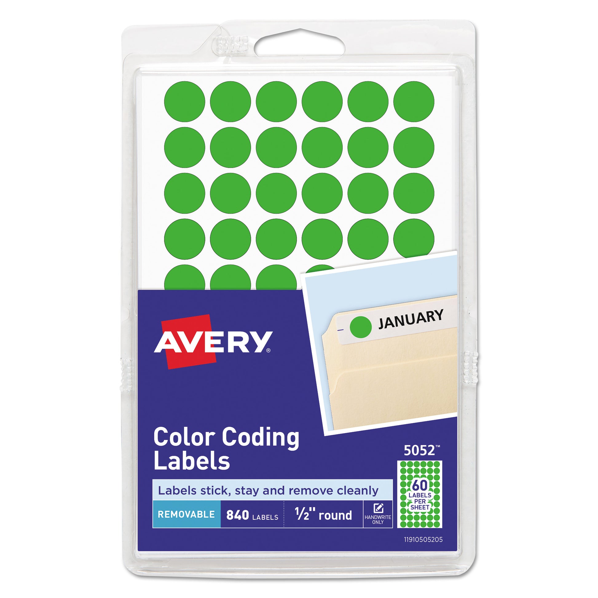 Avery Handwrite Only Self-Adhesive Removable Round Color-Coding Labels, 0.5" dia, Neon Green, 60/Sheet, 14 Sheets/Pack, (5052) (05052)