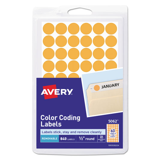 Avery Handwrite Only Self-Adhesive Removable Round Color-Coding Labels, 0.5" dia, Neon Orange, 60/Sheet, 14 Sheets/Pack, (5062) (05062)