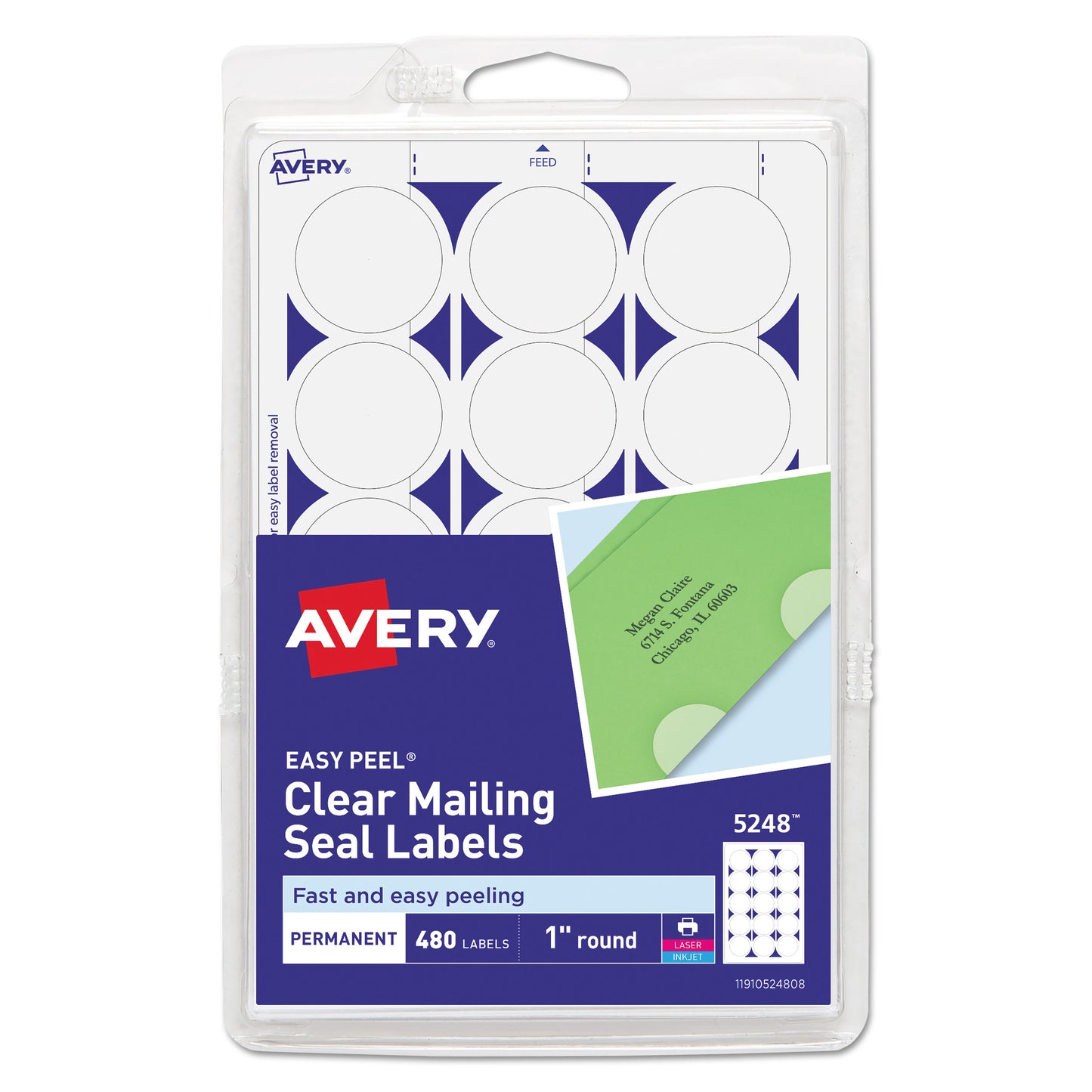 Avery Printable Mailing Seals, 1" dia, Clear, 15/Sheet, 32 Sheets/Pack, (5248) (05248)