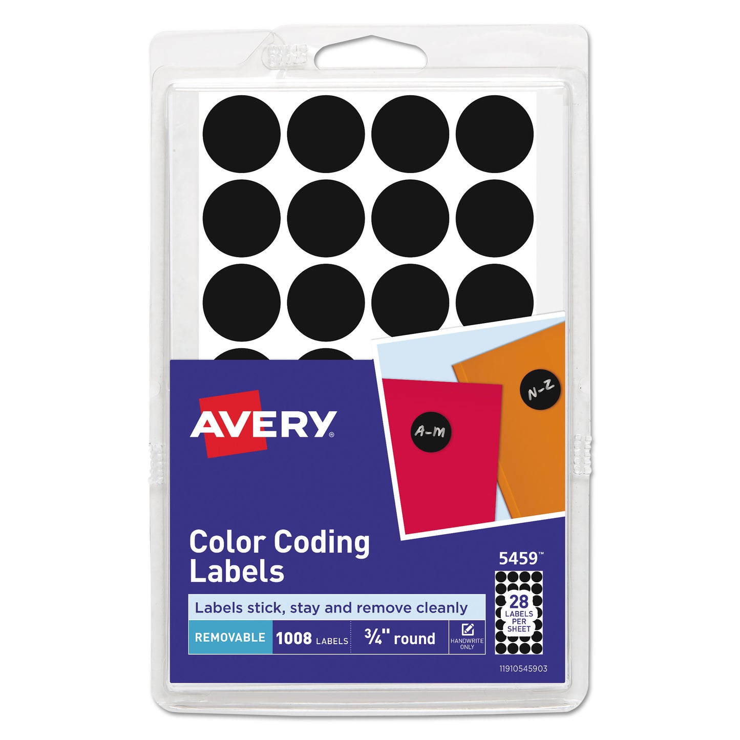 Avery Handwrite Only Self-Adhesive Removable Round Color-Coding Labels, 0.75" dia, Black, 28/Sheet, 36 Sheets/Pack, (5459) (05459)