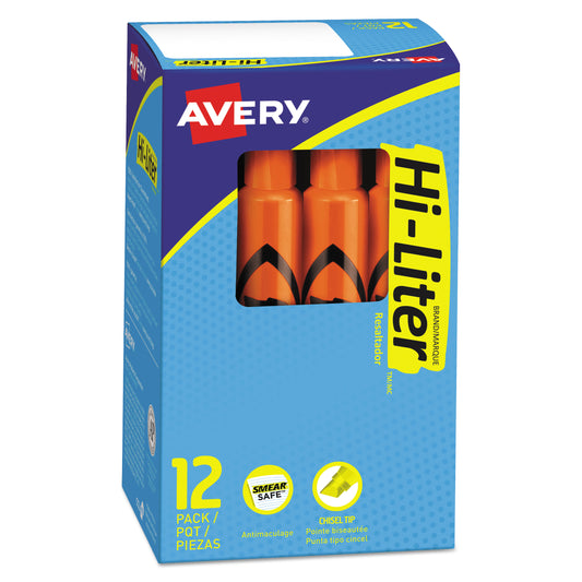 Avery HI-LITER Desk-Style Highlighters, Fluorescent Orange Ink, Chisel Tip, Orange/Black Barrel, Dozen (24050)