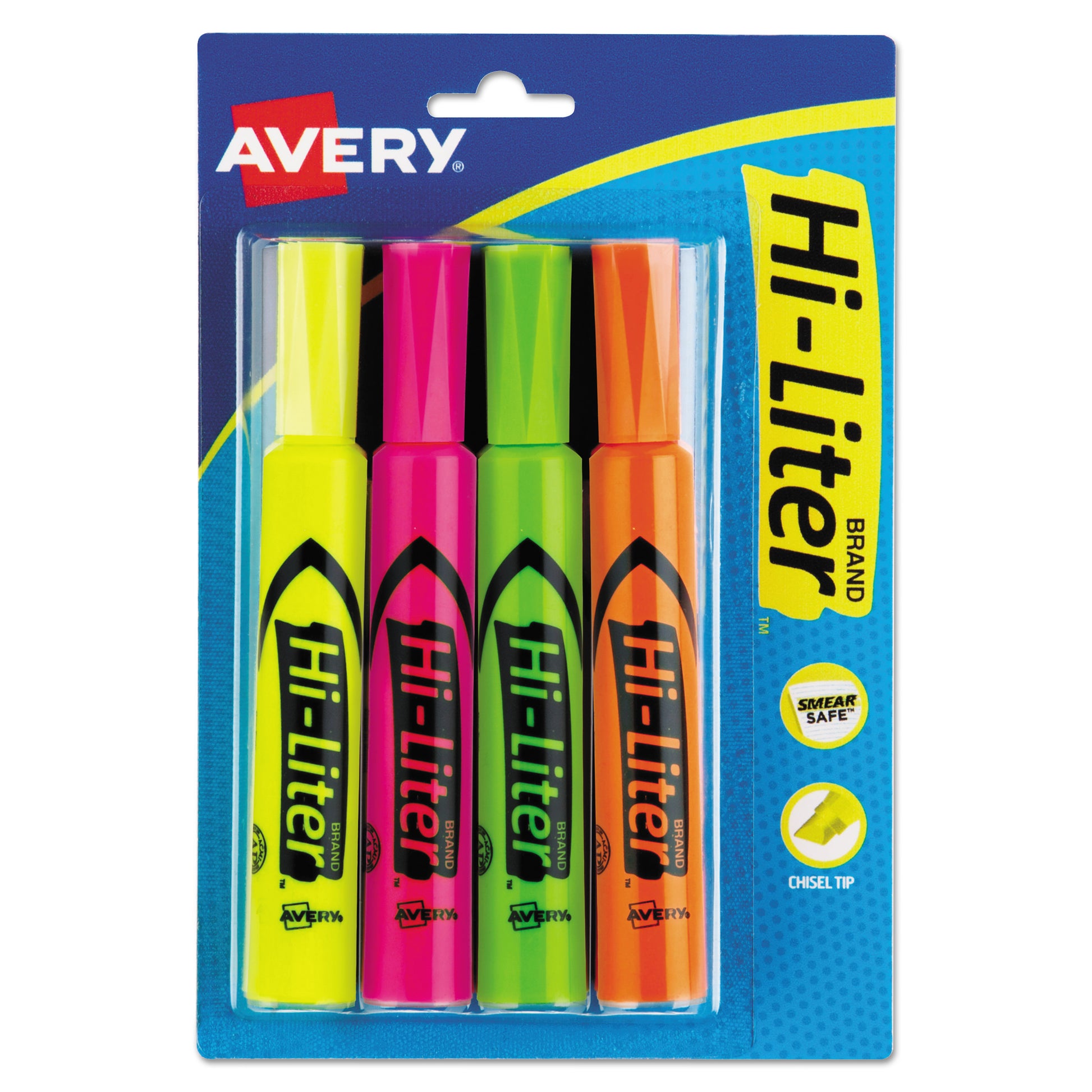Avery HI-LITER Desk-Style Highlighters, Assorted Ink Colors, Chisel Tip, Assorted Barrel Colors, 4/Set (24063)