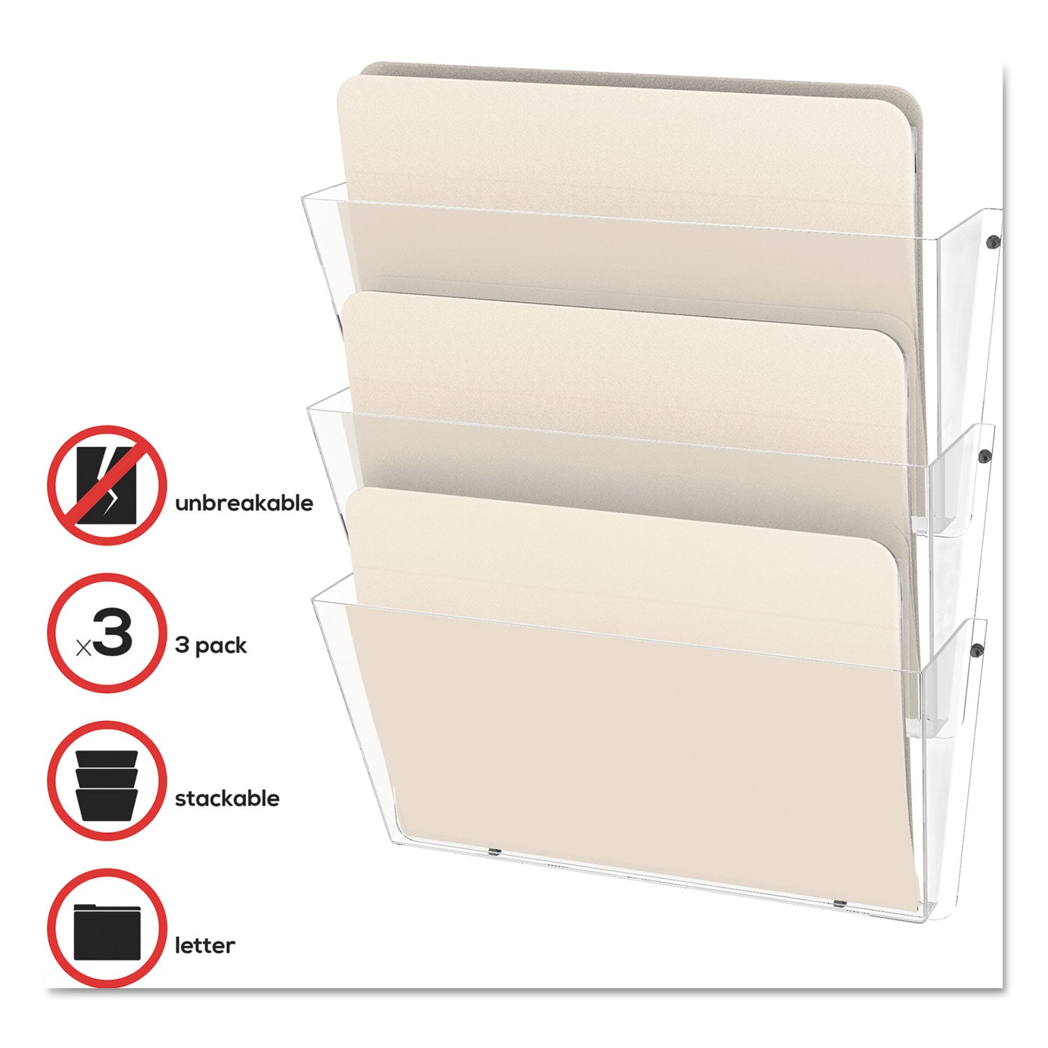 Deflecto Unbreakable DocuPocket Wall File, 3 Sections, Letter Size, 14.5" x 3" x 6.5", Clear, 3/Pack (63601RT)