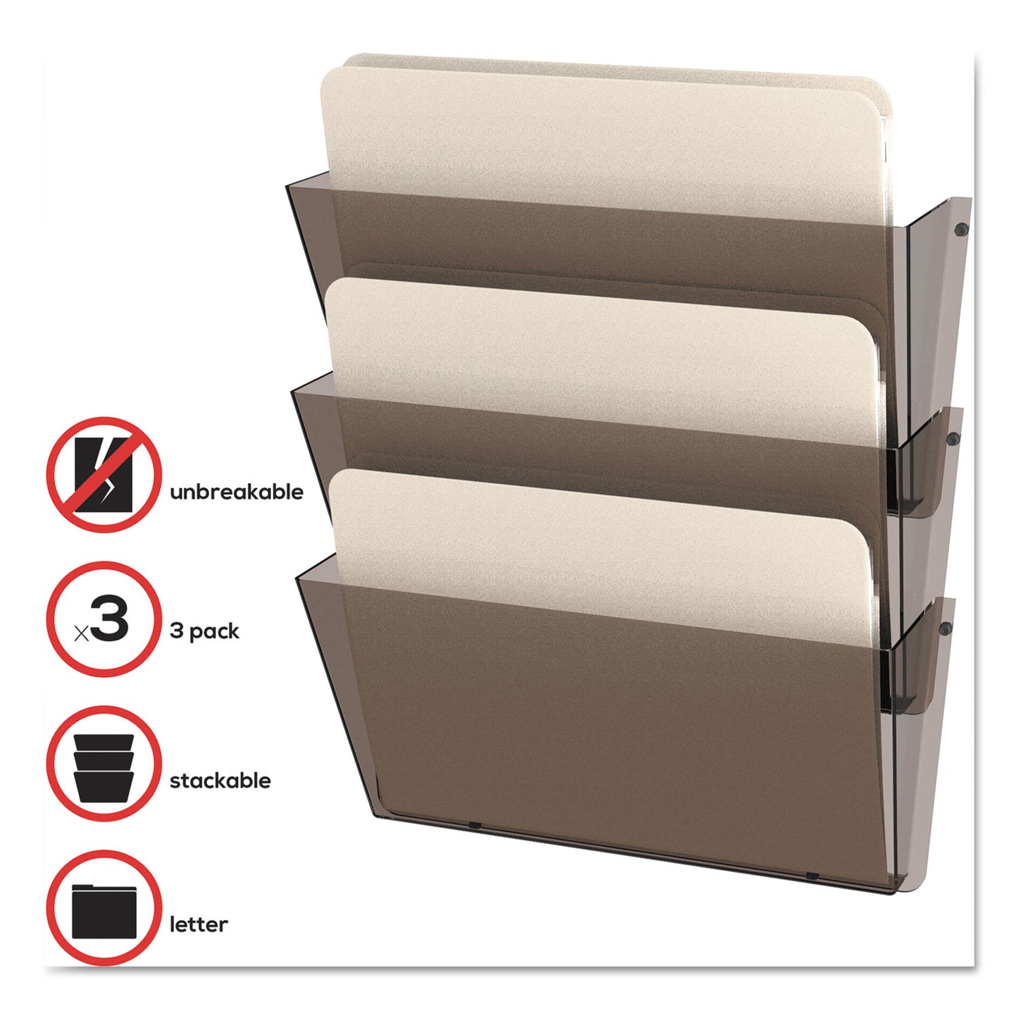 Deflecto Unbreakable DocuPocket Wall File, 3 Sections, Letter Size, 14.5" x 3" x 6.5", Clear, 3/Pack (63601RT)