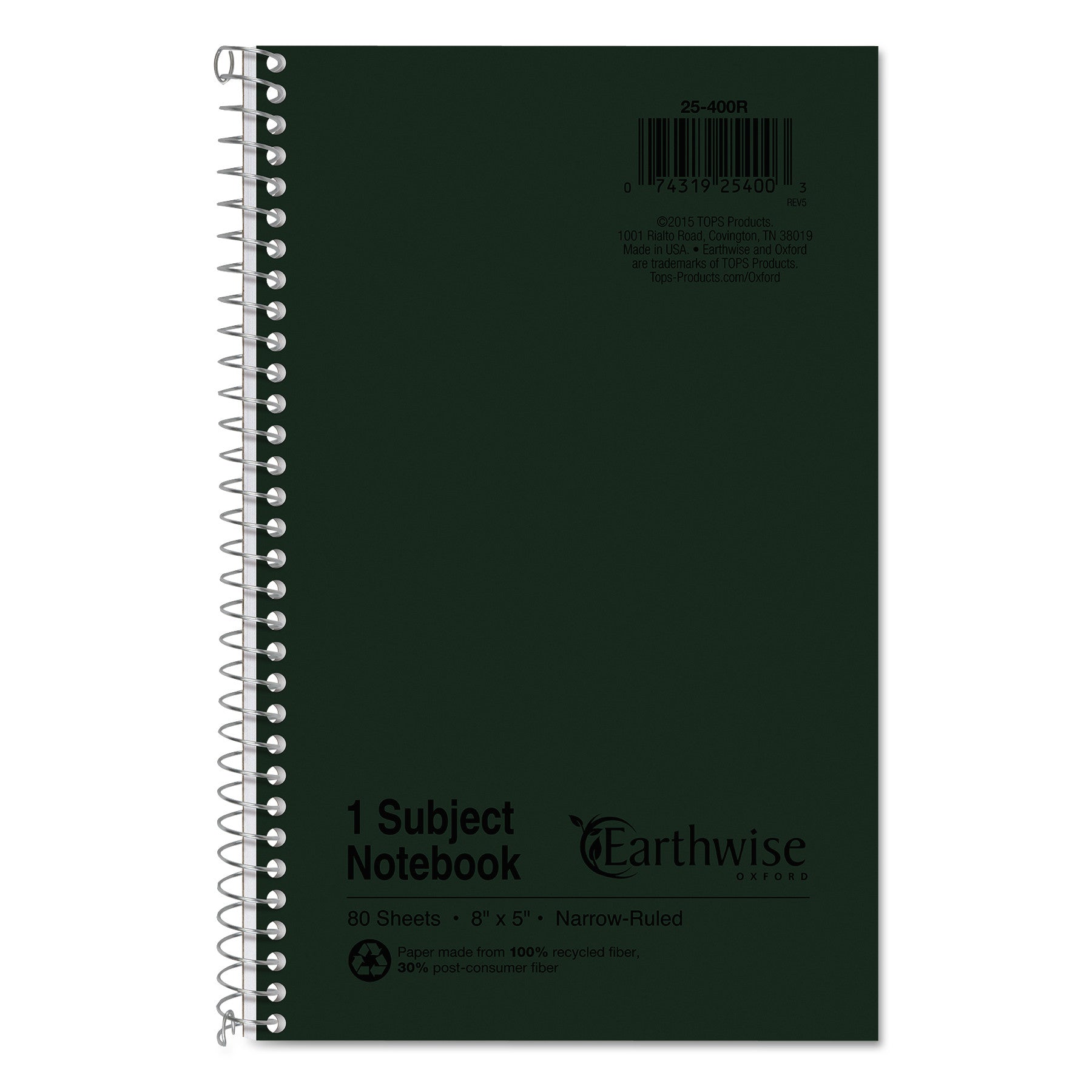 Earthwise by Oxford Recycled One-Subject Notebook, Narrow Rule, Green Cover, (80) 8 x 5 Sheets (25400)