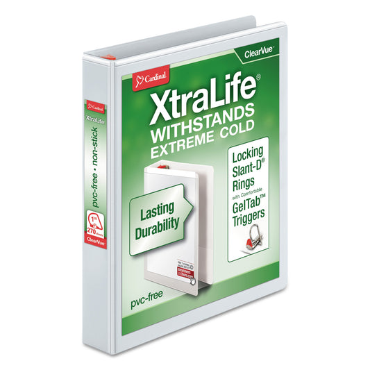 Cardinal XtraLife ClearVue Non-Stick Locking Slant-D Ring Binder, 3 Rings, 1" Capacity, 11 x 8.5, White (26300)