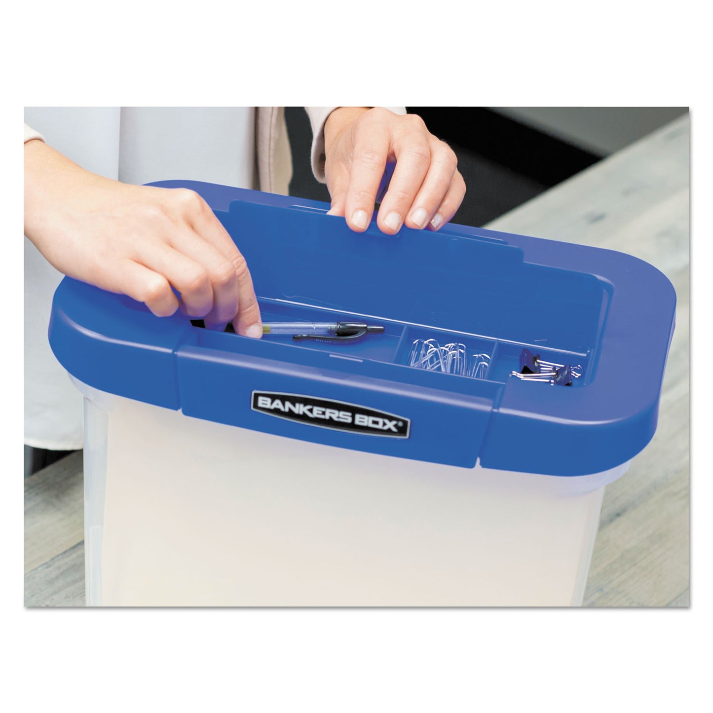 Bankers Box Heavy-Duty Portable File Box, Letter Files, 14.25" x 8.63" x 11.06", Clear/Blue (0086301)