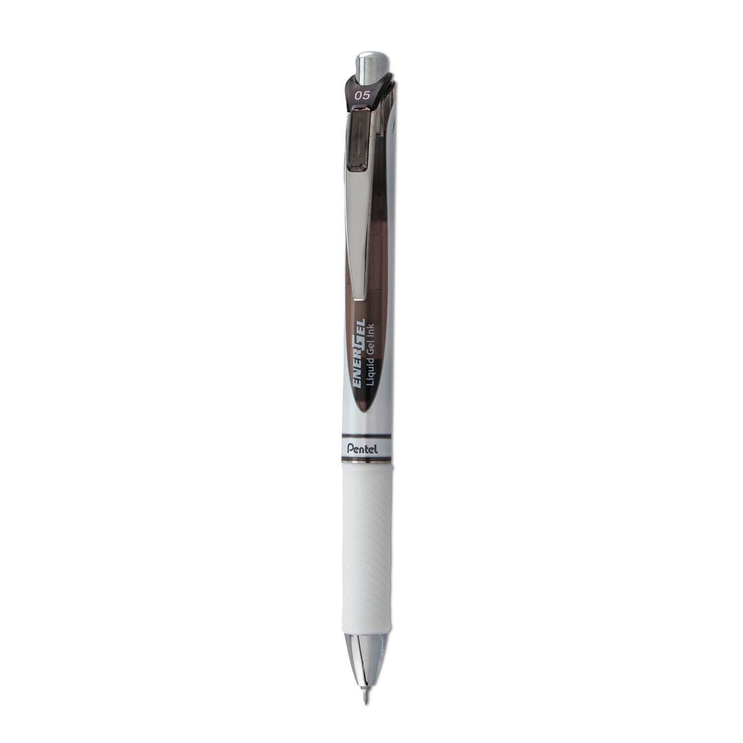 Pentel EnerGel RTX Gel Pen, Retractable, Fine 0.5 mm Needle Tip, Black Ink, White/Smoke Barrel (BLN75PWA)