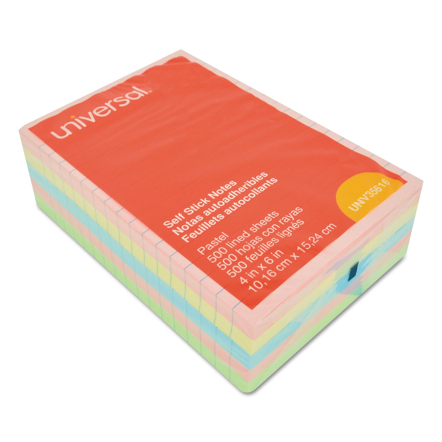 Universal Self-Stick Note Pads, Note Ruled, 4" x 6", Assorted Pastel Colors, 100 Sheets/Pad, 5 Pads/Pack (35616)