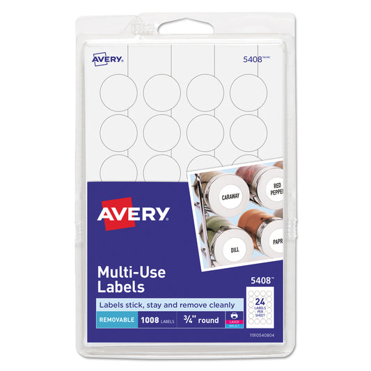 Avery Removable Multi-Use Labels, Inkjet/Laser Printers, 0.75" dia, White, 24/Sheet, 42 Sheets/Pack, (5408) (05408)