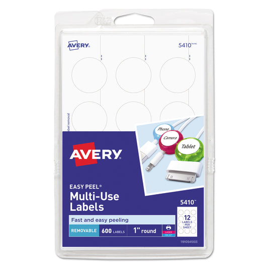 Avery Removable Multi-Use Labels, Inkjet/Laser Printers, 1" dia, White, 12/Sheet, 50 Sheets/Pack, (5410) (05410)