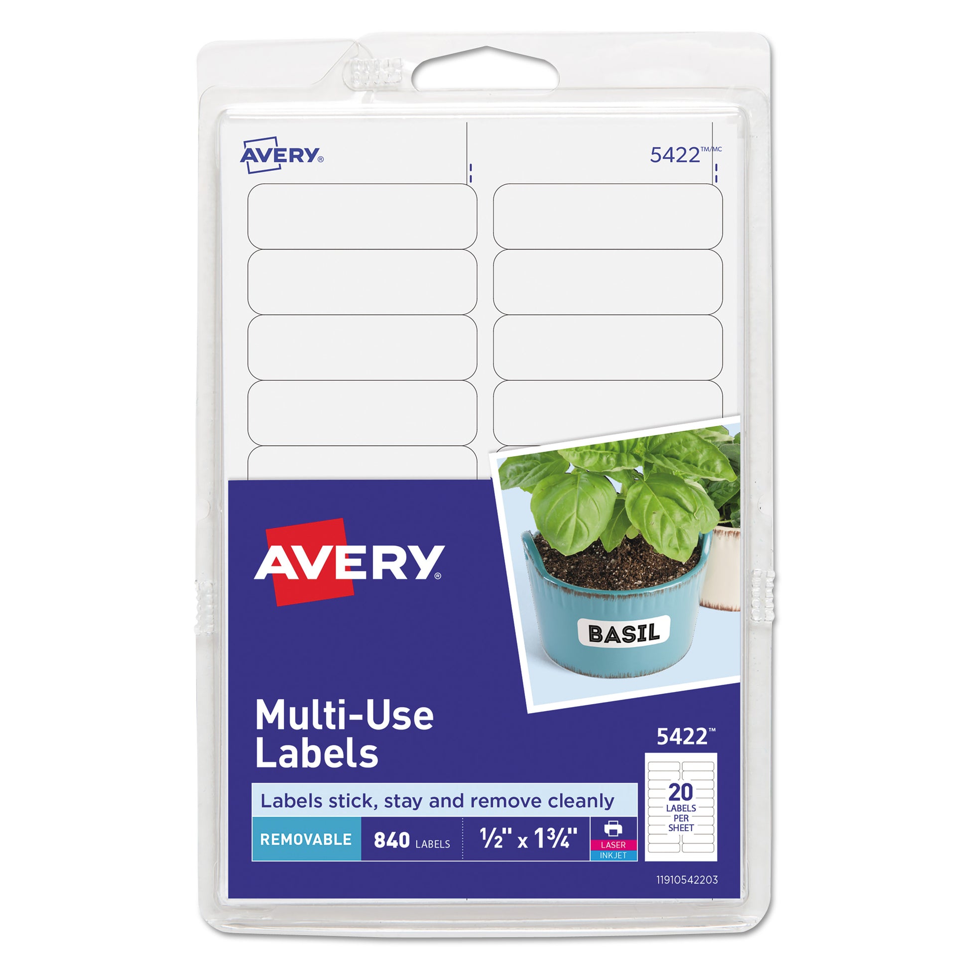 Avery Removable Multi-Use Labels, Inkjet/Laser Printers, 0.5 x 1.75, White, 20/Sheet, 42 Sheets/Pack, (5422) (05422)