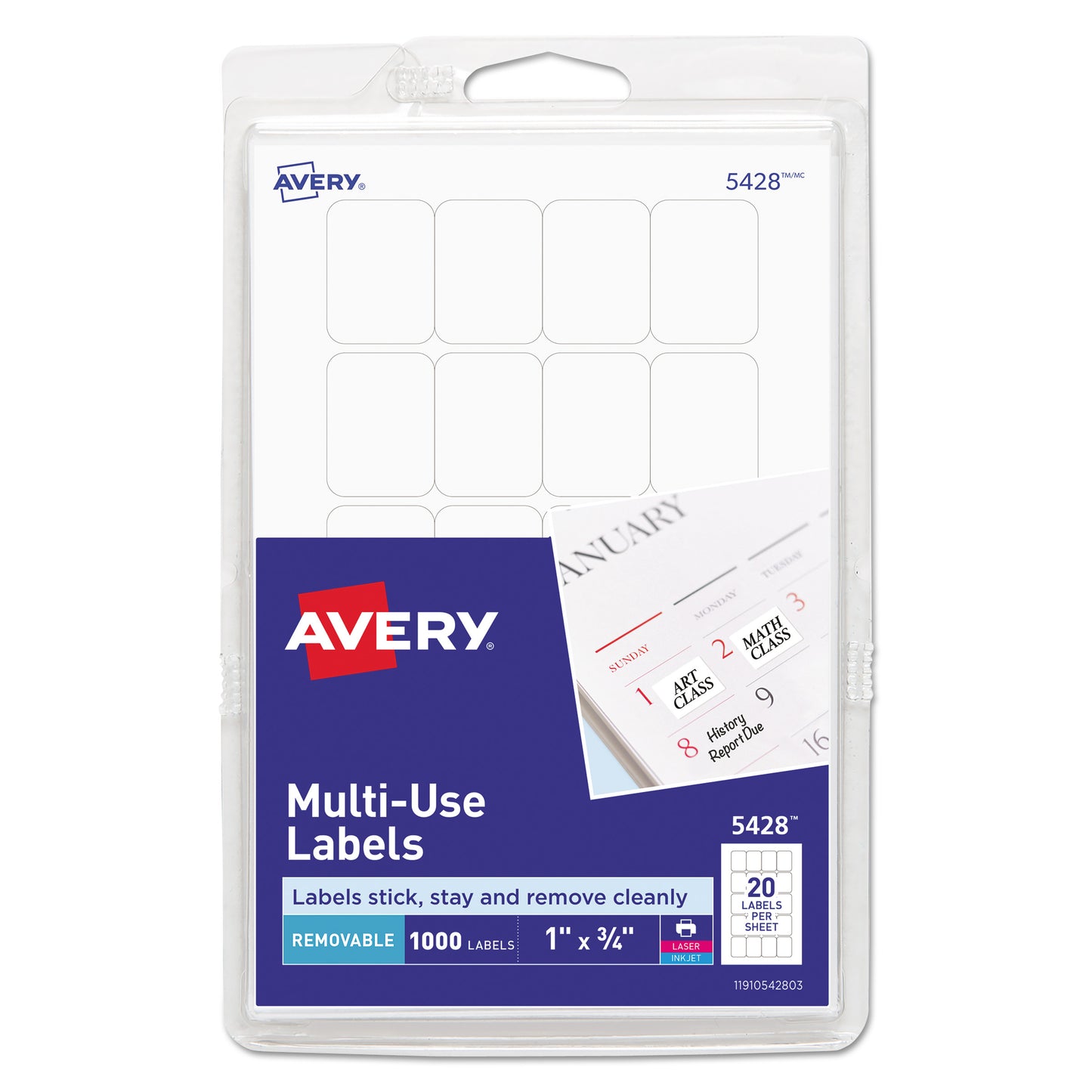 Avery Removable Multi-Use Labels, Inkjet/Laser Printers, 1 x 0.75, White, 20/Sheet, 50 Sheets/Pack, (5428) (05428)